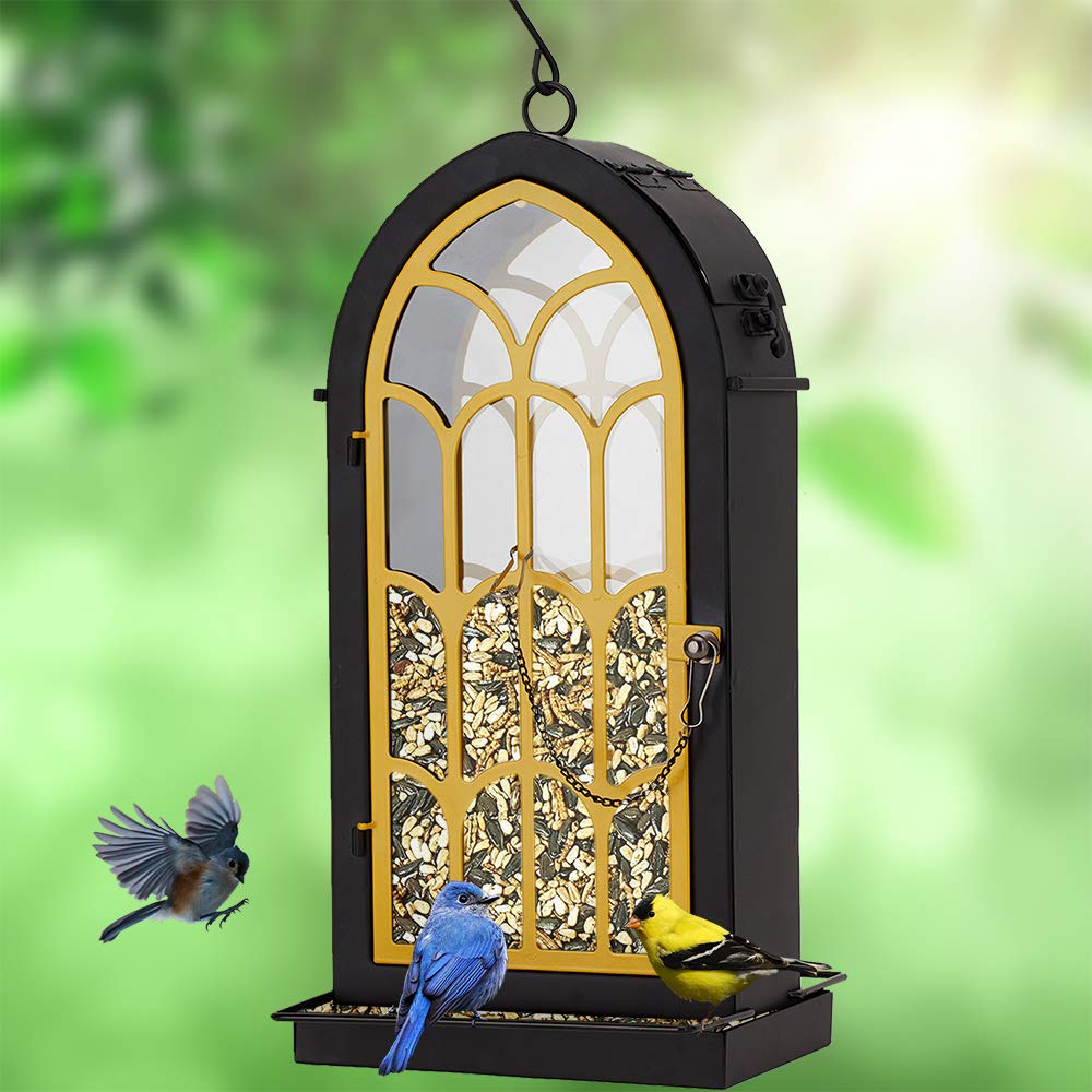 ROTOT Archway Bird Feeder, Yellow Metal Perches with 2.75 Pounds Seed Capacity - Nature Friendly