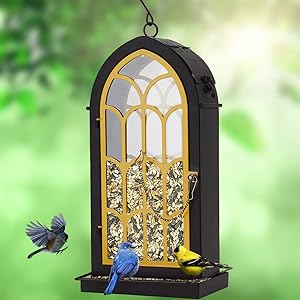 ROTOT Archway Bird Feeder, Yellow Metal Perches with 2.75 Pounds Seed Capacity - Nature Friendly