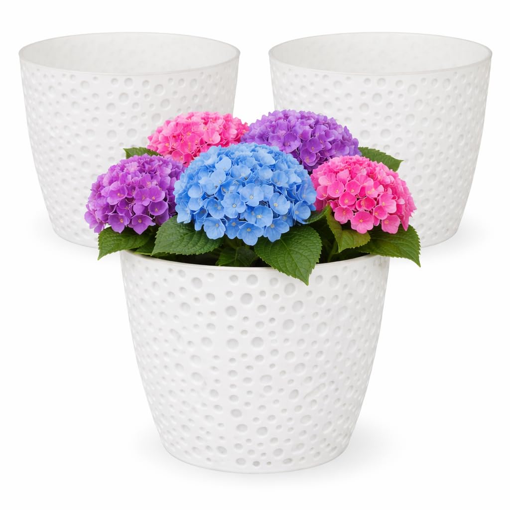Home Garden Ornaments Plant Pots Indoor Set of 3, Plastic Flower Planters with Removable Inserts, Mix and Match Colour Combinations – 13 cm (5 in), White + White