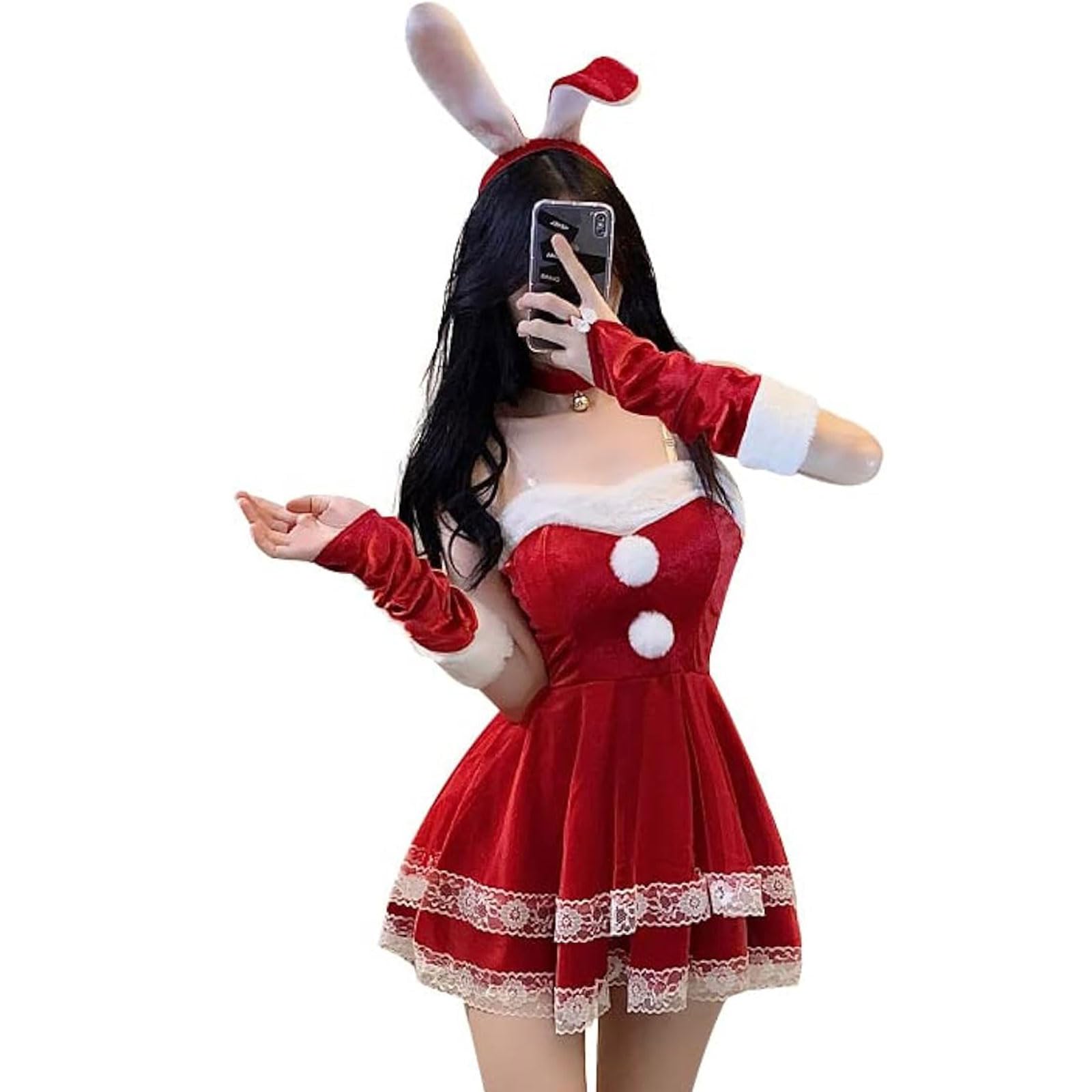 DECEED Santa Cosplay Rabbit Sexy Cute Bunny Girl Santa Cosplay Costume, Santa Claus Costume, Women's, Christmas Costume, Mini Skirt, Women's, One Size Fits Most, 6-Piece Set, 3 Colors Available