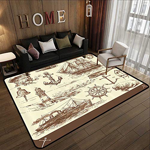 Throw Rugs，Marine Navy Captains,Ocean Retro Drawing Effect Framed Design 35"x 59" Office Chair Floor Mat Foot Pad - Thumbnail 6