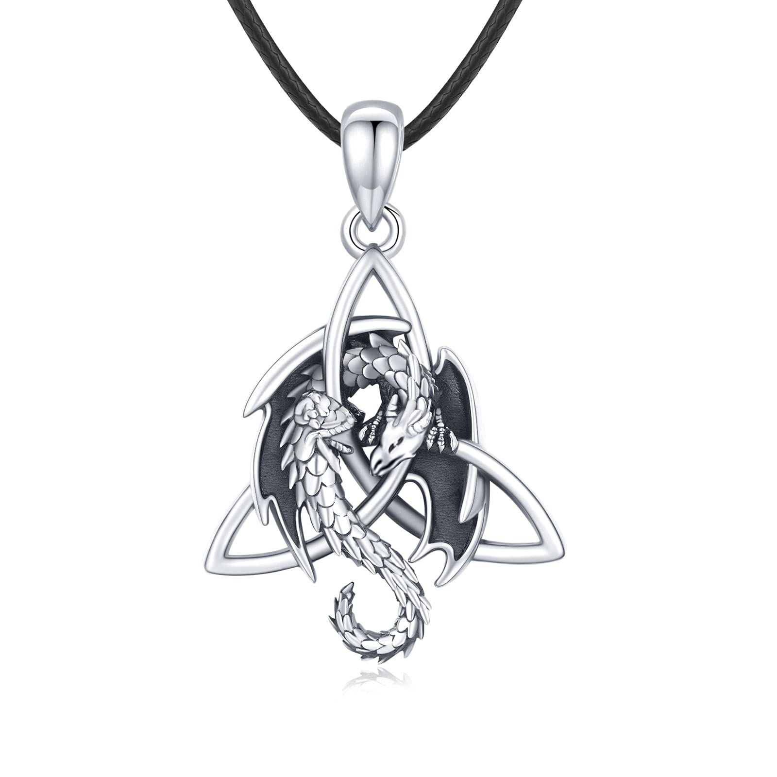 Dragon Necklace for Men 925 Sterling Silver Dragon Celtic Necklace Dragon Pendant Jewellery Fathers Day Gift for Men's（Black rope 18 inches + 2 inches
