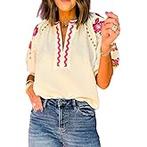 Ecosunny Women's Casual V Neck Puff Short Sleeve Shirts Floral Embroidered Ricrac Textured Loose Tunic Blouses Tops