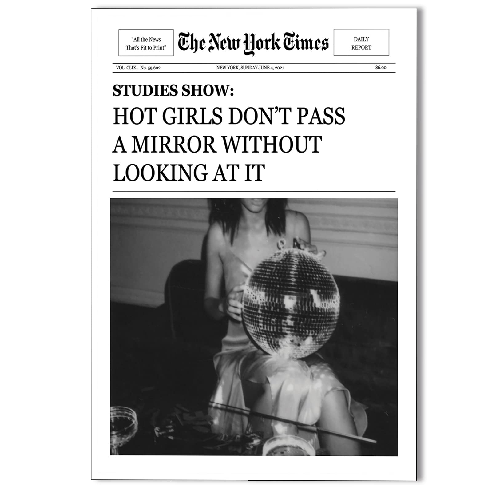 Vintage Funky The New York Times Newspaper Canvas Wall Art Trendy Black White Disco Cocktail Prints for Room Aesthetic Posters Hot Girl with Disco Ball Cool Funny Quotes Decor 12x16in Unframed