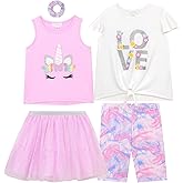 BTween Girls 4 Pack Floral Fashion Summer Clothes Set - Tutu Skirt Tank Top Short Sleeve and Biker Shorts
