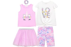 BTween Girls 4 Pack Floral Fashion Summer Clothes Set - Tutu Skirt Tank Top Short Sleeve and Biker Shorts