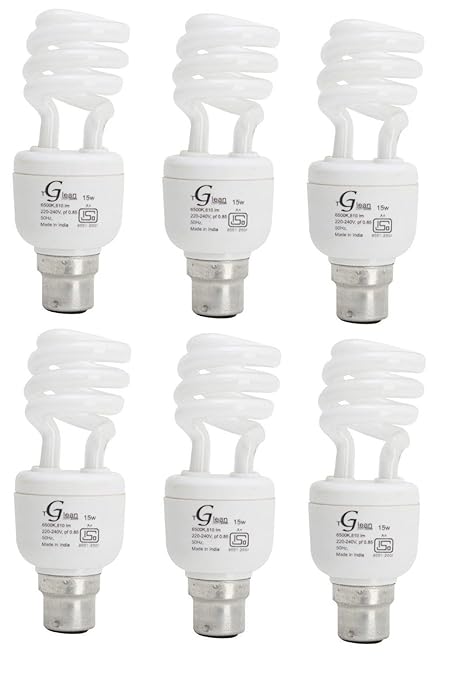 Made in India - 15 Watt - CFL Spiral (Compact Fluorescent Light) - Pack of 6 Bulbs - ISO 9001 2008 certified - Glean Lights