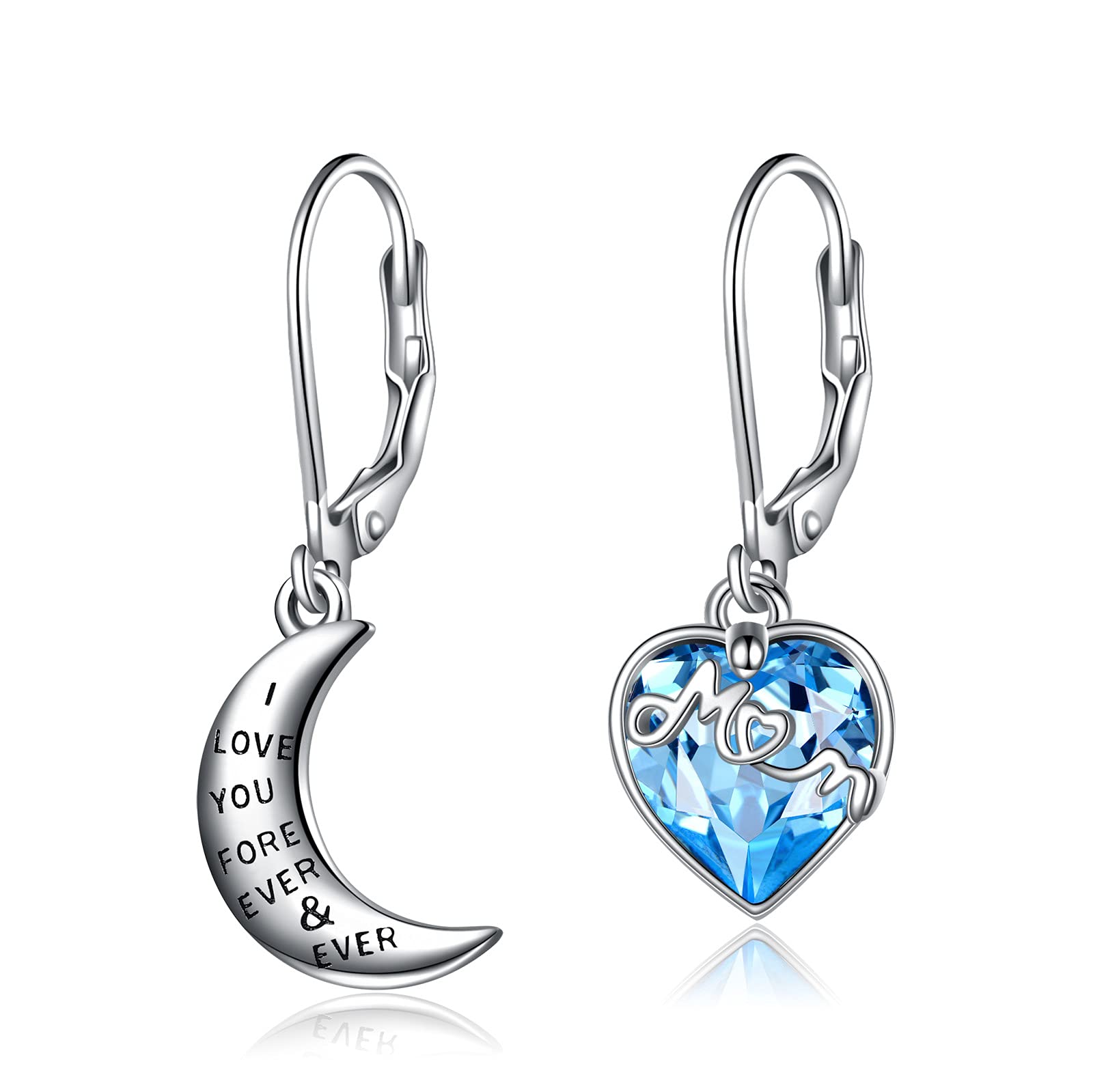 URONE Moon and Love Heart Earrings Sterling Silver Drop Moon Earrings Jewellery with Crystal from Austria Engraved I Love you Forever & Ever Gift to Mom