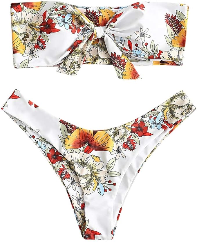 Amazon ストラップレス花は パッド入りのちょう結びのローウエストの女性のビキニセットを印刷します ビキニ セパレーツ 通販