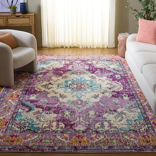 SAFAVIEH Monaco Collection Area Rug - 8' x 11', Violet & Light Blue, Non-Shedding & Easy to Clean, Distressed Medallion Design, Ideal for Living Room, Bedroom, Dining Space (MNC243L) Image