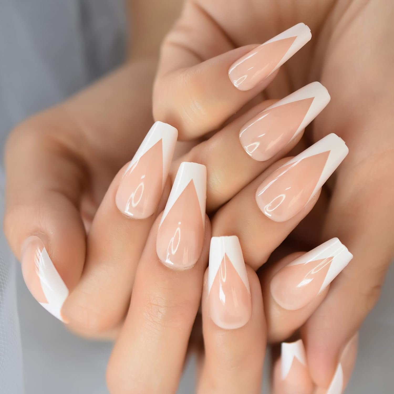 A N K 24 pieces Artificial Acrylic Long tip Manicure V shaped Coffin Bellarina False nails (white)