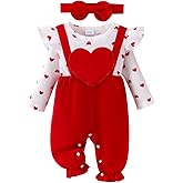 FOCUTEBB Valentines Baby Girl Outfits Love Heart Romper Long Sleeve Ruffled Valentines Bodysuit Jumpsuit Headband 0-18 Months