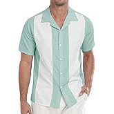 Askdeer Men's Linen Short Sleeve Vintage Bowling Shirt Casual Button Down Summer Cuba Beach Shirt Blue Green White