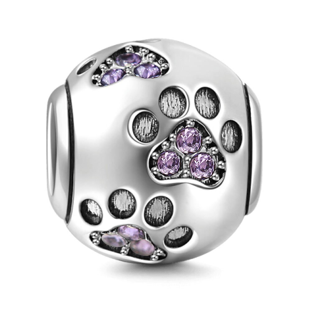 Dog Paw Charm 925 Sterling Silver Footprint Charm Animal Charm Birthday Charm Pet Charm for Pandora Bracelet (Purple)