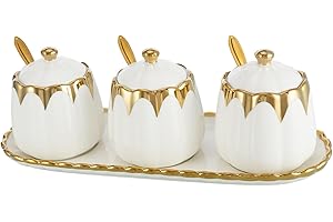 MILKYWAY Milky Way Set of 3 Ceramic Condiment Pots Sugar Bowl,Porcelain Sugar Holder with 1Tray, Lid and Spoon Salt Container Modern Seasoning Jars for Counter Home and Kitchen (White gold)