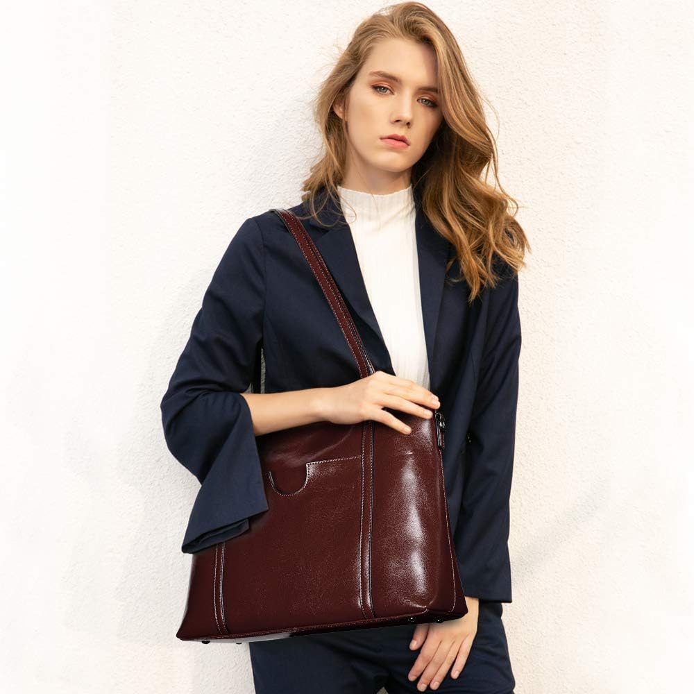 S-ZONE Women Cow Split Leather Top Handle Satchel Daily Work Tote Shoulder Bag Large Capacity, Coffee - Image 3