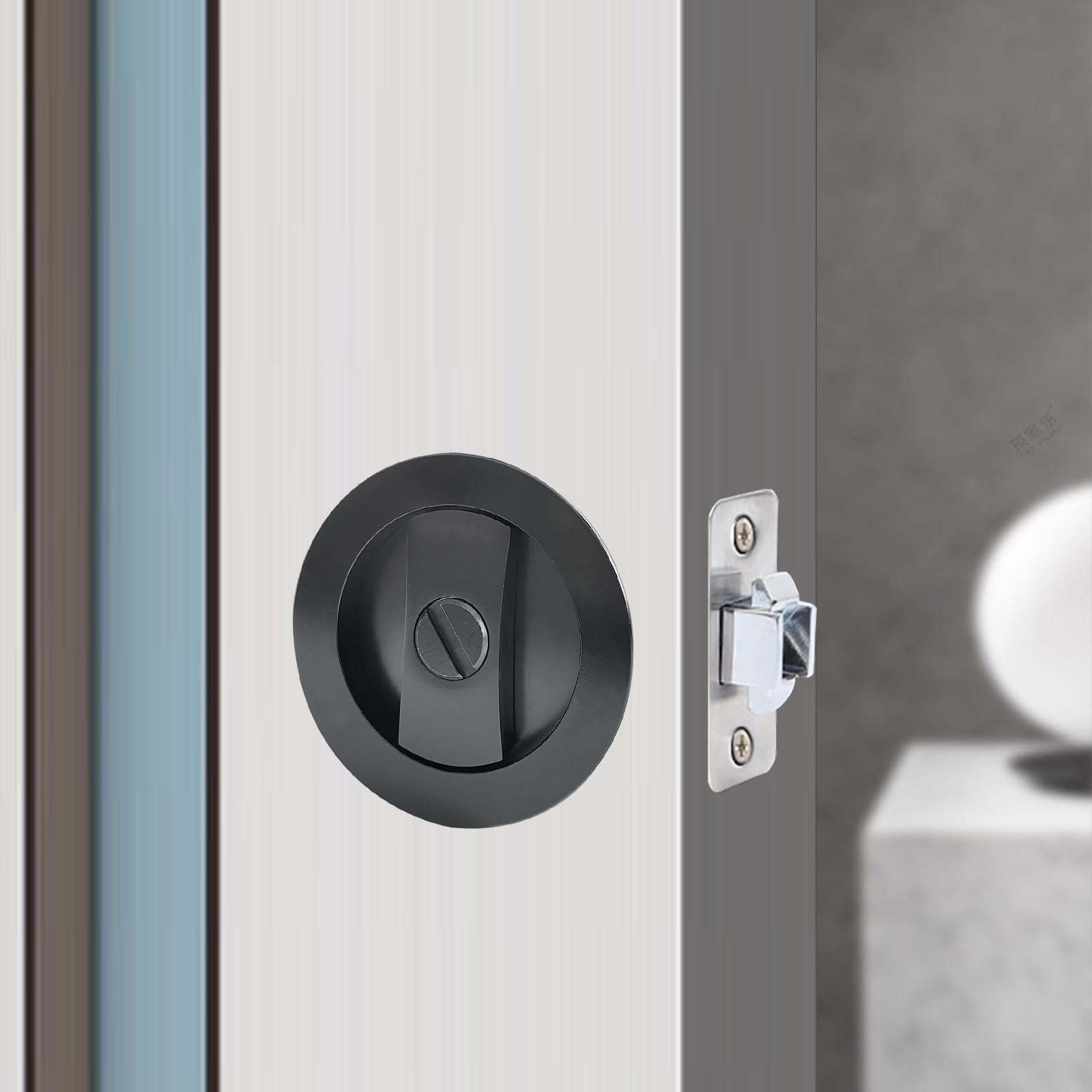 Hoconnie Pocket Door Lock Privacy Pocket Door Handle Sliding Door Lock Invisible Recessed Door Handle 66mm No Key (Black, Circular)