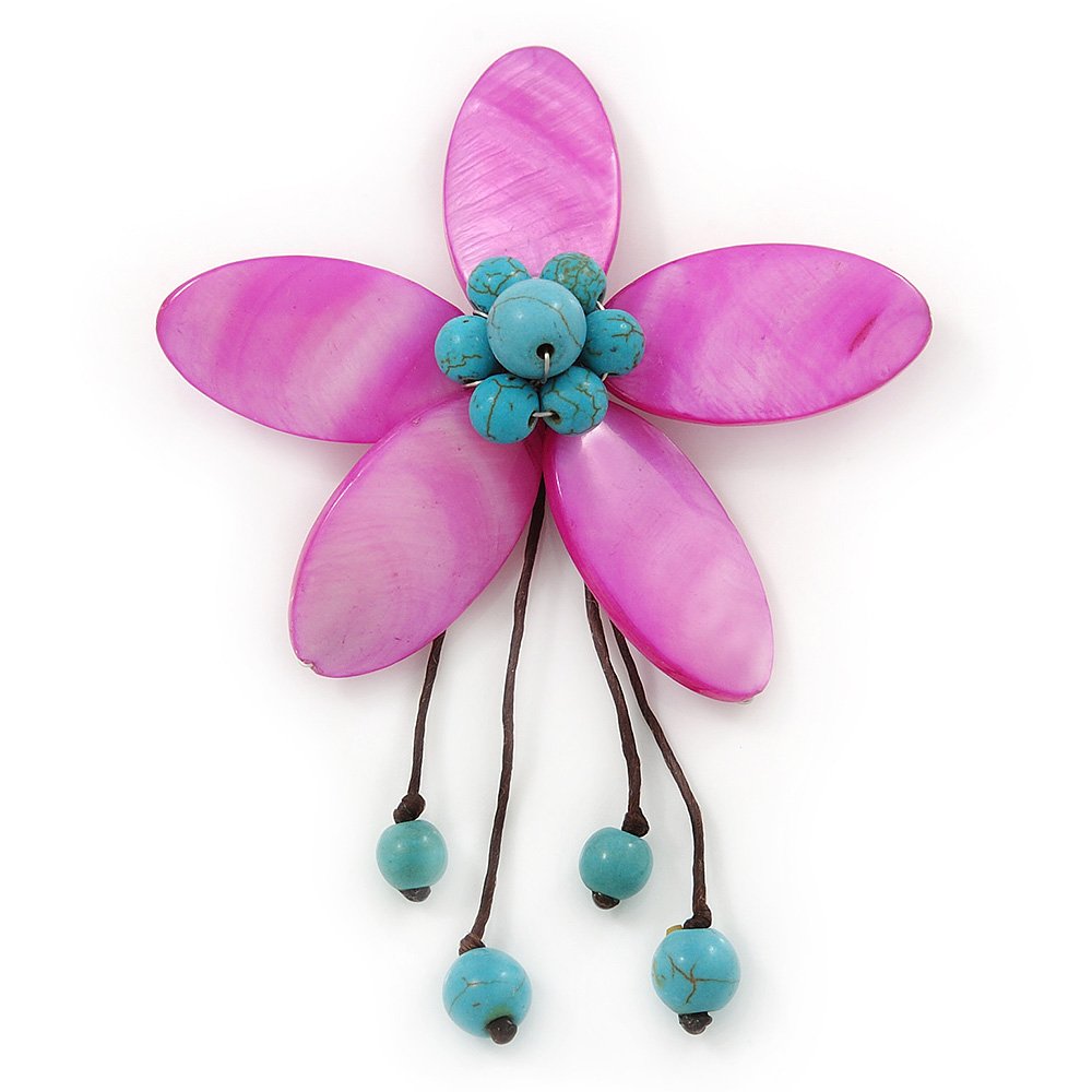 Handmade Fuchsia Shell Flower With Turquoise Bead Dangle Brooch - 95mm Length