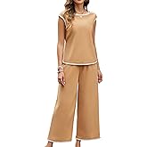Gardenwed Women's Two Piece Outfit, Cap Sleeve Top and Wide Leg Pants Elegant Summer Set with Trim Design