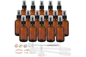 STARSIDE 16 Pack 120 ml 4oz Amber Glass Spray Bottles with Fine Mist Sprayer & Dust Cap for Essential Oils, Perfumes,Cleaning Products.Included 1 Brush,2 Funnels,2 Droppers & 18 Labels.