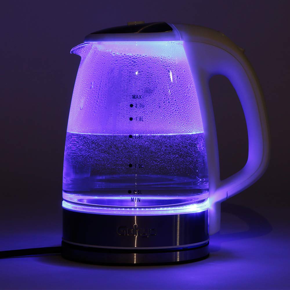 Gohyo 2-Liter Glass Electric Tea Kettle for Fast Boiling, Hot Water Heater Pot with Auto Shut off and Boil-Dry Protection, 1500W, FDA Approved, BPA-Free ( White )