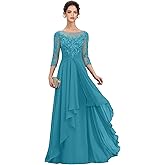 ZETUNew Women's Lace Applique Mother of The Bride Dress for Wedding 3/4 Sleeve Chiffon Formal Evening Dresses