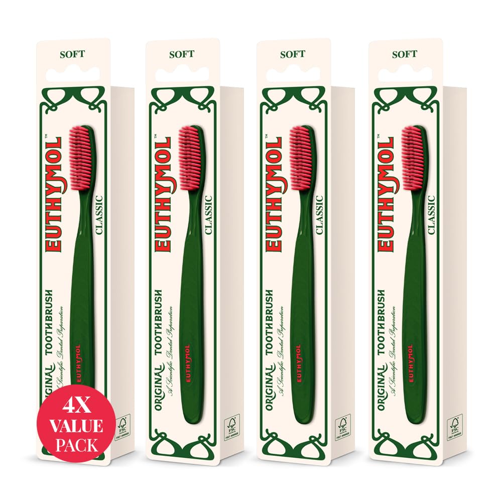 Euthymol Classic Toothbrush x 4, Large Full Head, Soft Bristle, Triple Curve Ergonomic Manual Toothbrushes, Efficient Cleaning, Sensitive Gums Teeth, Daily Oral Enamel Dental Care