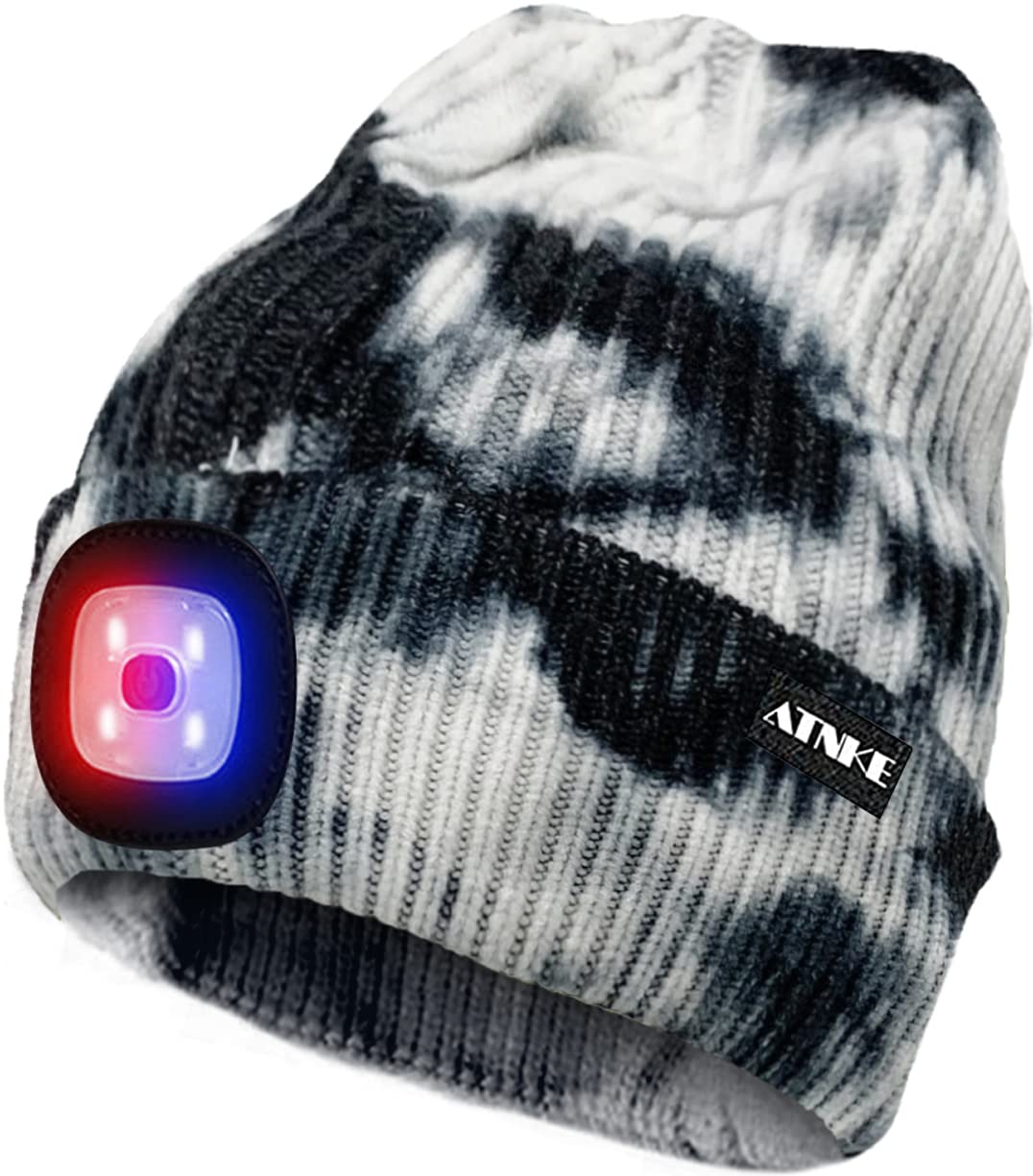ATNKE LED Lighted Beanie Cap,USB Rechargeable 4 LED Red and Blue Glow Flashing Running Headlamp Hat Winter Warm Gifts for Men and Women/Tie Dye Black