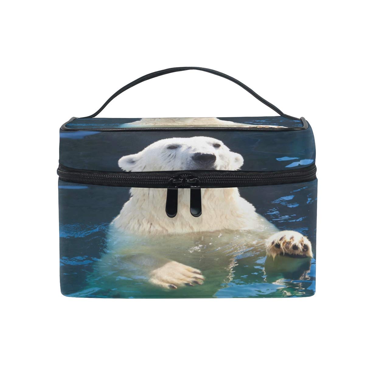 Makeup Bag, White Polar Bear Portable Travel Case Large Print Cosmetic Bag Organizer Compartments for Girls Women Lady