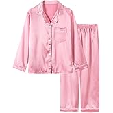 LANKMEI Boys Girls Pajama Set 2 Pieces Cute Girls Satin Pajamas Long Sleeve + Pants, Silky Button Down PJ Set Size 5-14