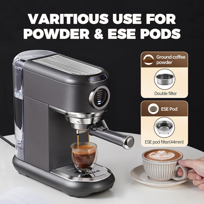 Cafelffe MK-601F 4-in-1 Capsule Coffee Machine with Milk Frother & Pitcher, Hot/Cold Brew Espresso Coffee Maker Compatible with Nes/DG Pods/ESE Pod/Ground Coffee,Compact for Home/Office Use,Gray