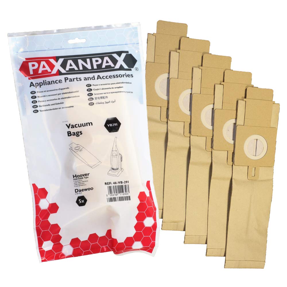 Paxanpax VB291 Compatible Paper Bags For Hoover H20/H20A' Purepower, U3100, U3200, U3300, U3400, U3500, PU2100, DM4483; Daewoo Upright Series (Pack of 5)