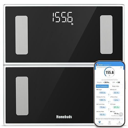 Homebuds Smart Bathroom Scales for Body Weight, High Precision Assured by Weighing Scales Professional Factory SINCE 2001, App Sync 13 Body Composition Including BMI and Body Fat, 400lb, LED, Black