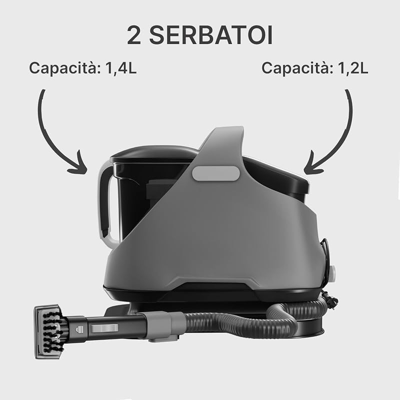 Macchina Aspirapolvere Lava Tappeti, Divani e Moquette 3 in 1 per Solidi e Liquidi - Pulizia Profonda, Serbatoi 1400 ml/1200 ml, Cavo 3 Metri, Grigio Scuro