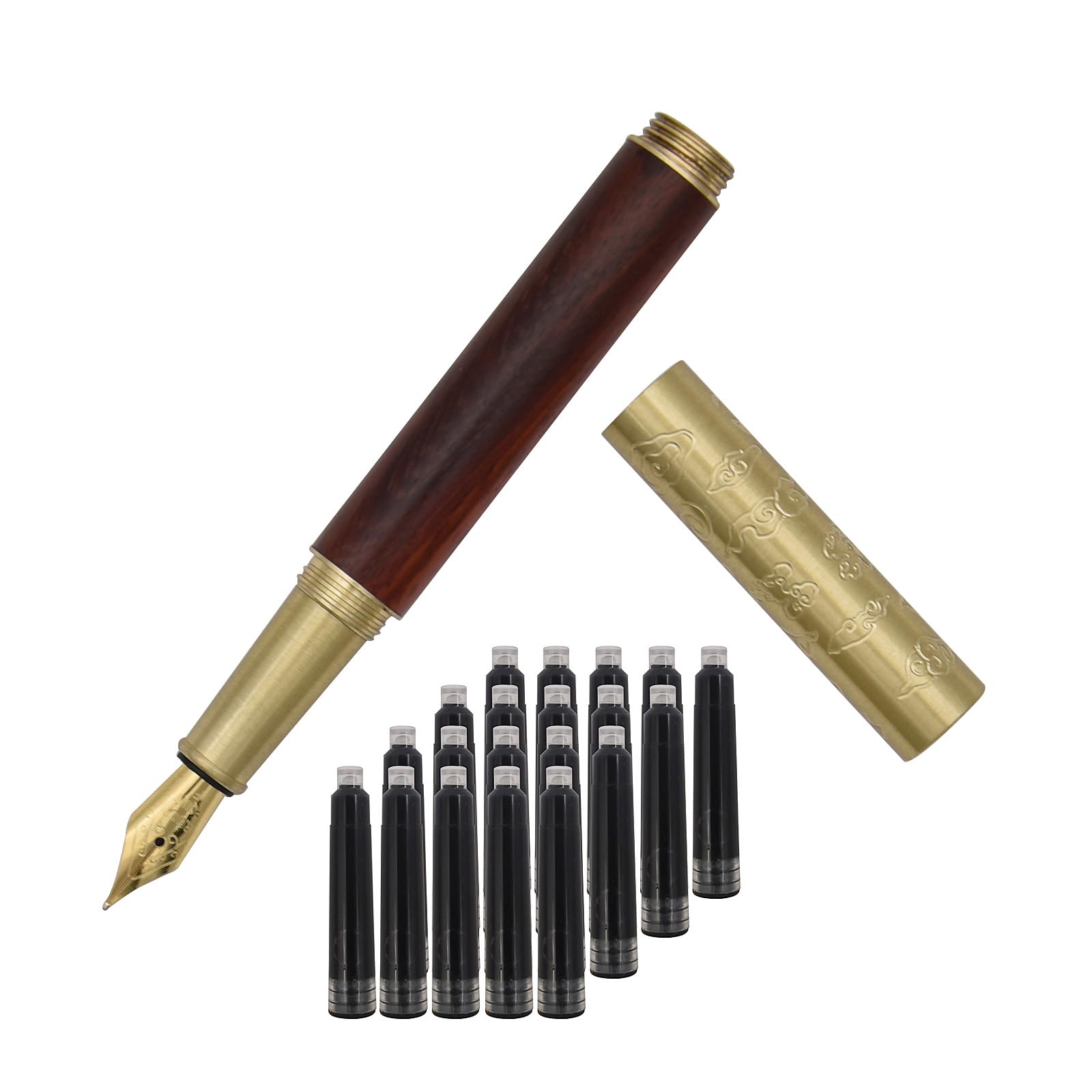 SIPLIV Handcrafted Auspicious Clouds Patterned Brass Wooden Fountain Pen Short Paragraph (101mm) Pocket Mini Travel Pen with 20 Pcs Black Ink Cartridges - Brown-red Texture