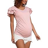 Bhome Maternity Summer Ruffle Tops,Casual Frilled V-Neck Short Sleeve Fitted Blouse Shirts Trendy for Women