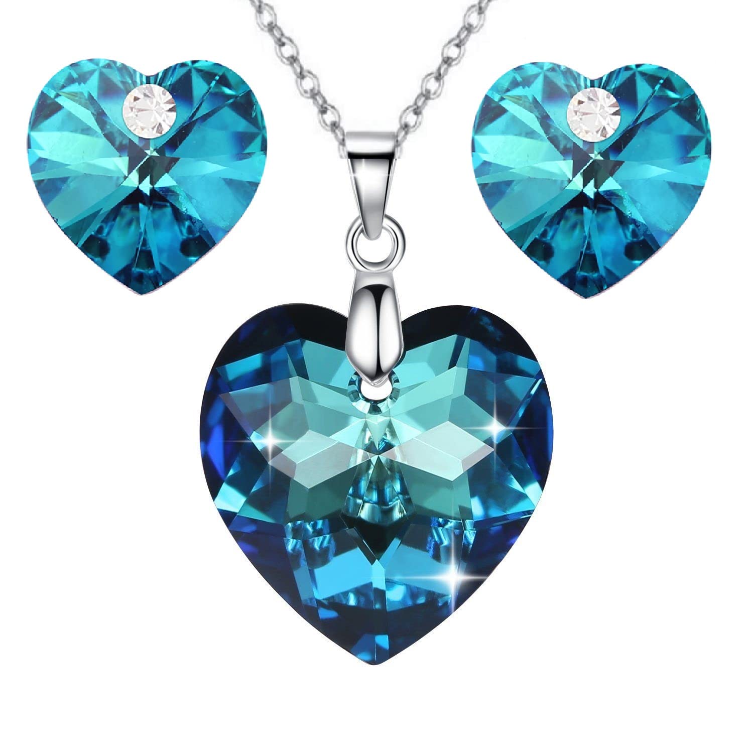 Crystalline Azuria Women 18ct White Gold Plated Blue Crystals Hearts Set Pendant Necklace Heart Stud Earrings