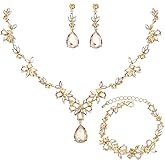 chaoyite Wedding Jewelry Set for Women Bridal Floral Necklace Dangle Earrings Bracelet Set Crystal Prom Party Costume Accessories for Bride #0015