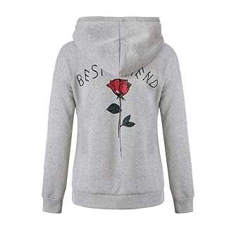 Hoodie Damen Hipster Rosenstickerei Pulli Damen Langarmshirt Oversize Sweatshirt mit Kapuze Jumper Brief Grauer Best Friends 