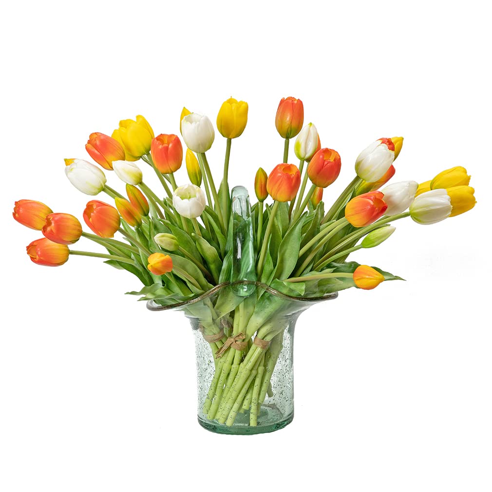 DUYONE 40pcs Artificial Tulips Flowers, Real Touch Latex Bouquet, Fake Tulips for Office Wedding Party Home Kitchen Garden Decoration(Orange Suit 40pcs)