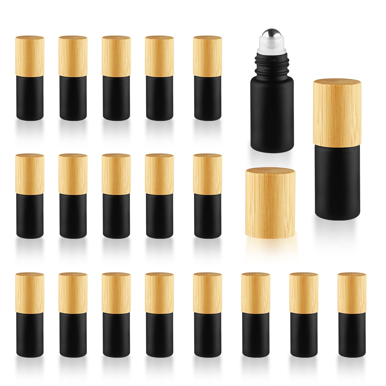 Photo 1 of 20 Pcs 5ml/0.17oz Essential Oil Roller Bottles Glass Roll On Bottle Empty Refillable Cosmetic Containers with Stainless Steel Roller Ball and Bamboo Lids for Perfume - Black Frosted
