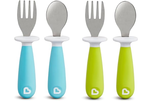 Munchkin Raise Toddler Fork and Spoon Utensil Set, Rest Keeps Tip Off Table, BPA Free, 4 Pack, Blue/Green