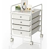 Shrivee 4-Tier Utility Cart with 4 Drawers, Rolling Utility Cart with 2 Lockable Caster Wheels, Multipurpose Mobile Rolling Drawer Cart for Office Bathroom Kitchen, Ivory White