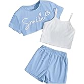 OYOANGLE Girl's 3 Pieces Summer Outfits Graphic Print Crop Tee Top and Cami Top with Shorts Set