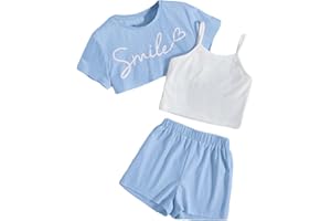 OYOANGLE Girl's 3 Pieces Summer Outfits Graphic Print Crop Tee Top and Cami Top with Shorts Set