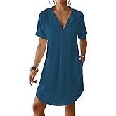 Bsubseach Shirt Swimsuit Coverup for Women Short Sleeve Bathing Suit Cover Up V Neck Beach Dress Summer Outfit Resort Wear