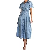 utcoco Women Long Denim Dress Puff Sleeve Button Down Casual Slim Fit Midi Jean Shirt Dress