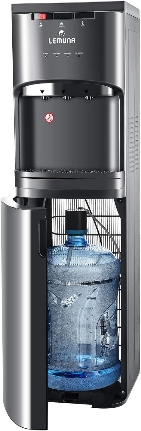 LeMuna Water Dispenser- Bottom Loading Water Cooler for 3 or 5 Gallon Bottle with Hot Cold and Normal Temperature Settings, Child Safety Lock and Removable Drip Tray, Stainless Steel & Black&hellip;