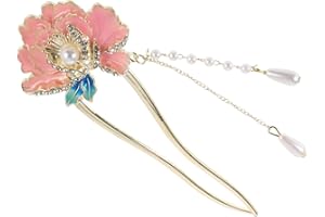 LIFKOME Enamel Peony U-shaped Hairpin Traditional Chinese Hair Accessory for Women Vintage Style Hair Bun