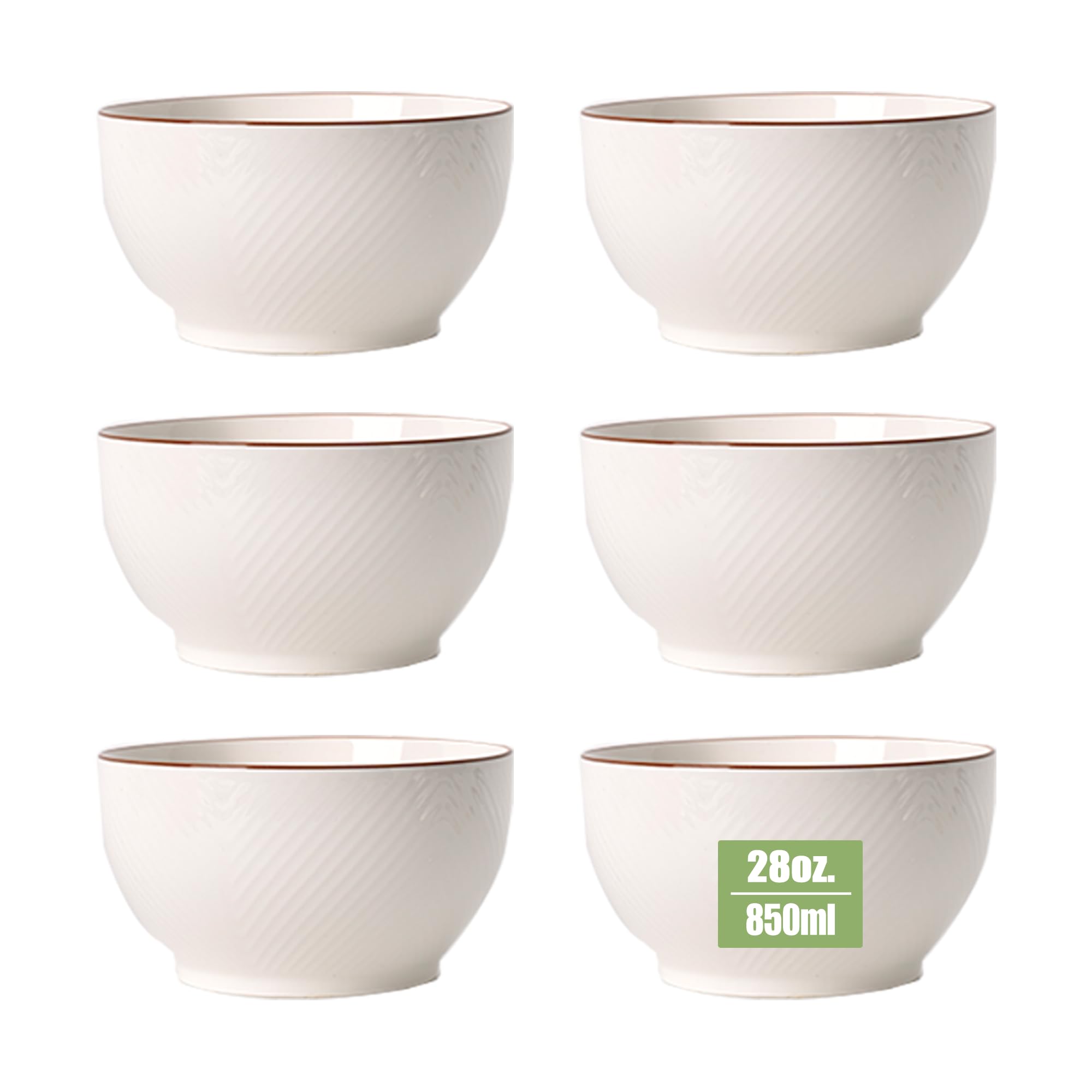 ALLUSEIT Cereal Bowls & Soup Bowls, 6-piece 30oz Porcelain Bowl Set for Dinner, Oatmeal, Pasta, Rice, Ramen, 5.8" Ceramic Deep Small Bowl, Dishwasher & Microwave Safe